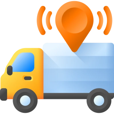 Illustration of a yellow and blue truck with an orange location pin icon above it with signal waves