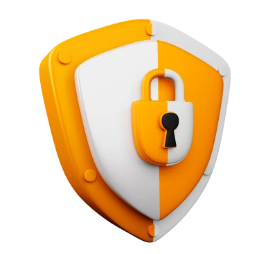3D shield icon in orange and white with a padlock in the center