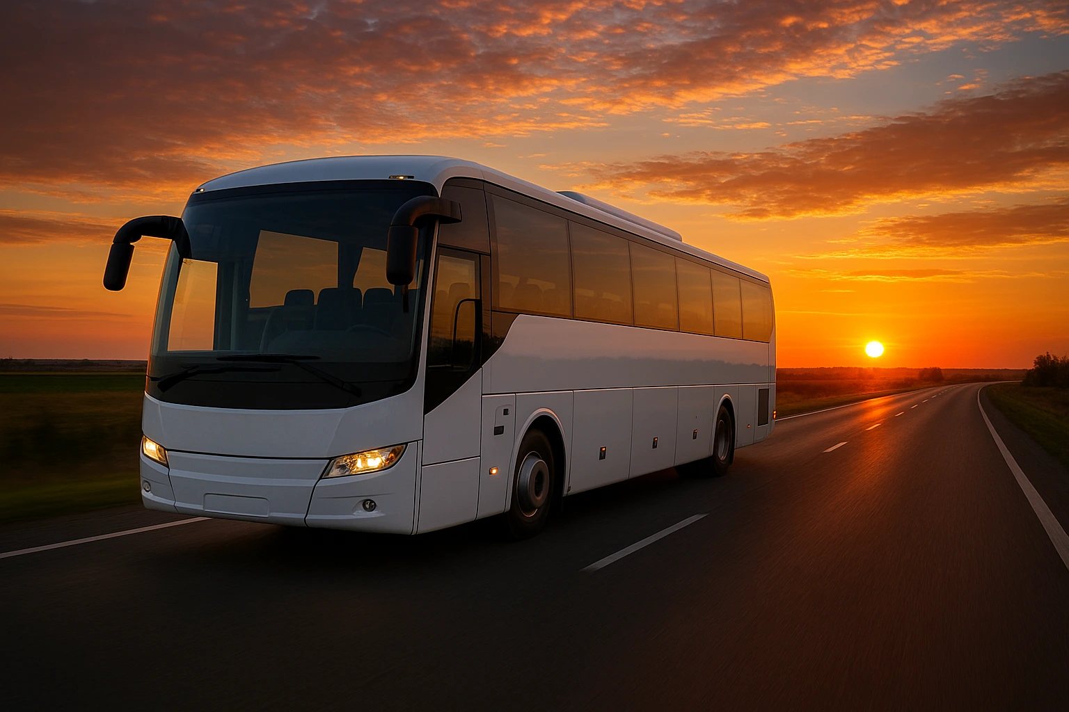White modern bus driving on a road at sunset with an orange sky and clouds