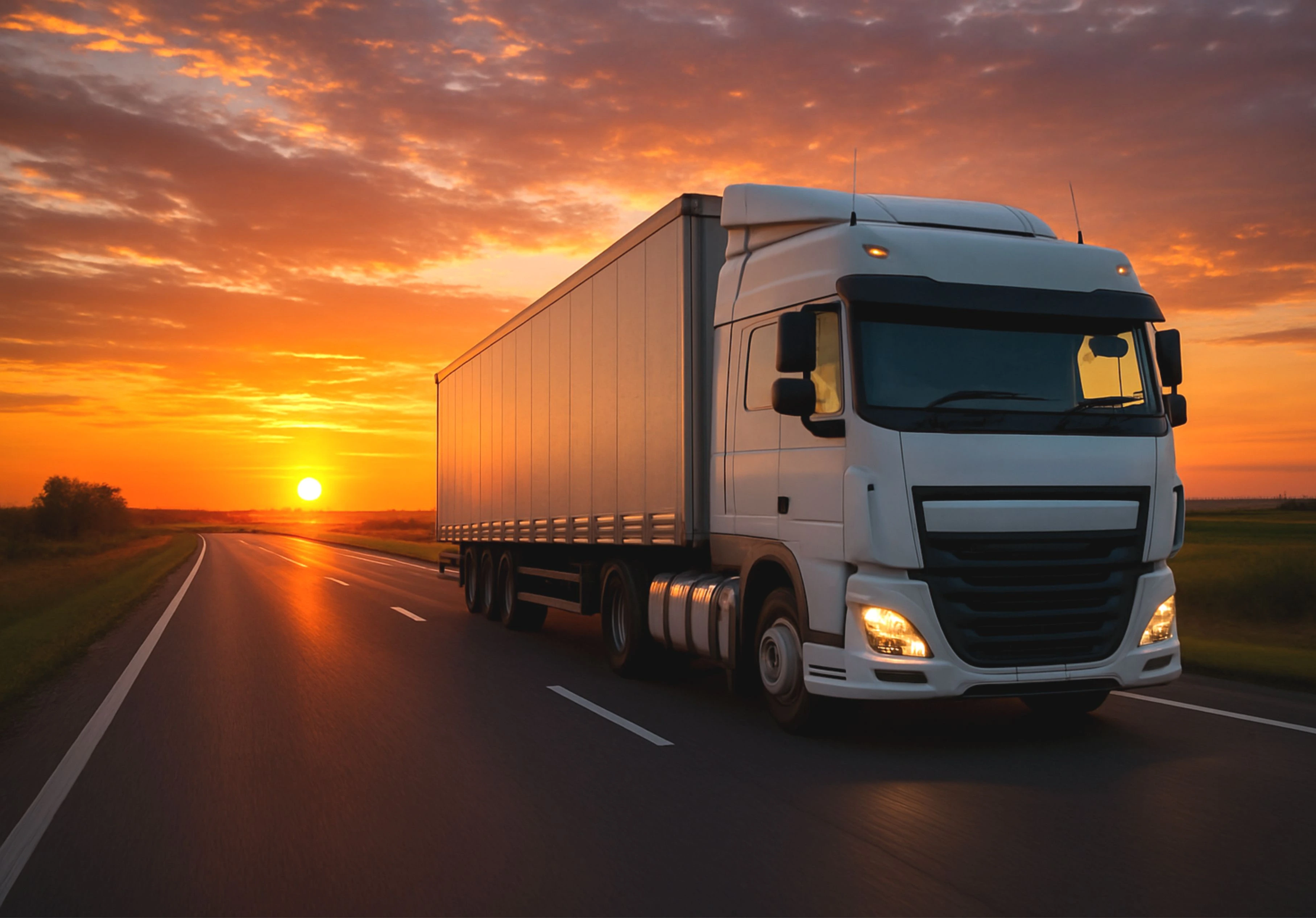 Large white truck driving on a road at sunset with an orange sky and clouds